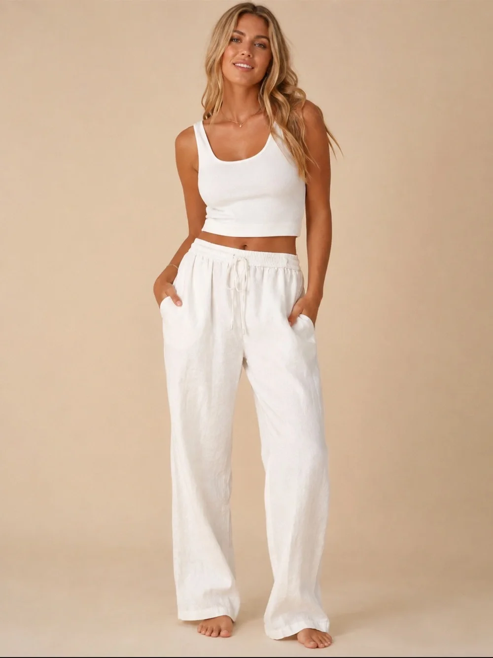 Zara White Linen Blend Wide Leg Pants Large Drawstring Pull On Resort Coastal